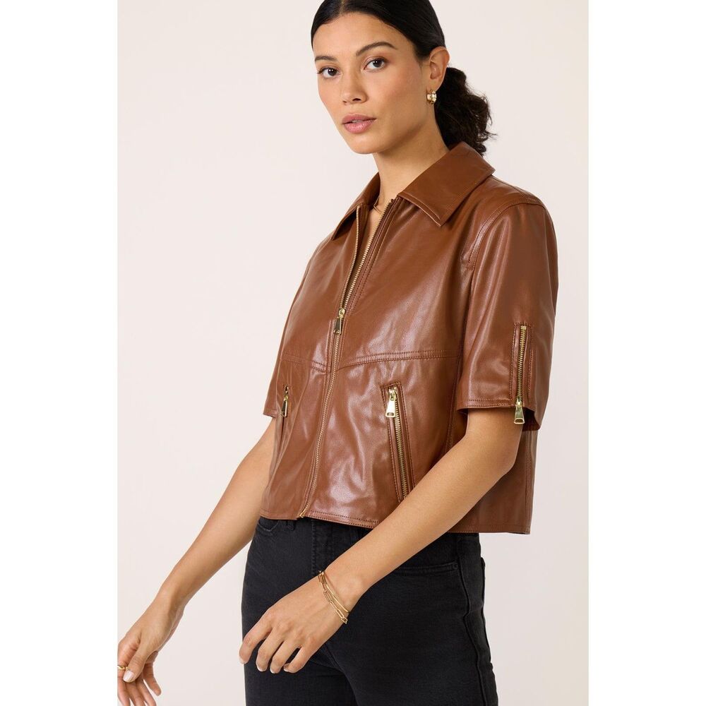 Evereve Billie Half Sleeve Moto Jacket Women L Cognac Brown Faux Leather Gold